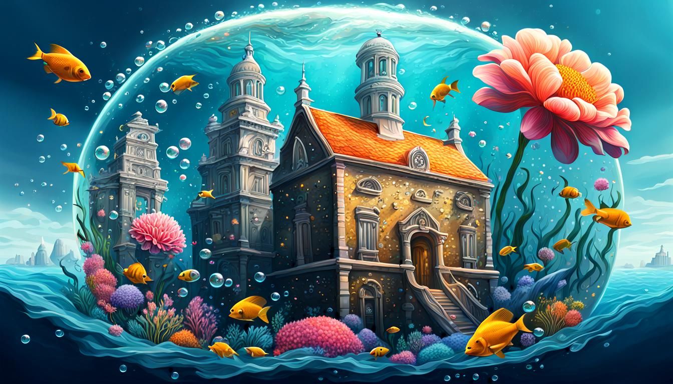 Underwater Cityscape with Marine Life in Hyperrealistic Styl...