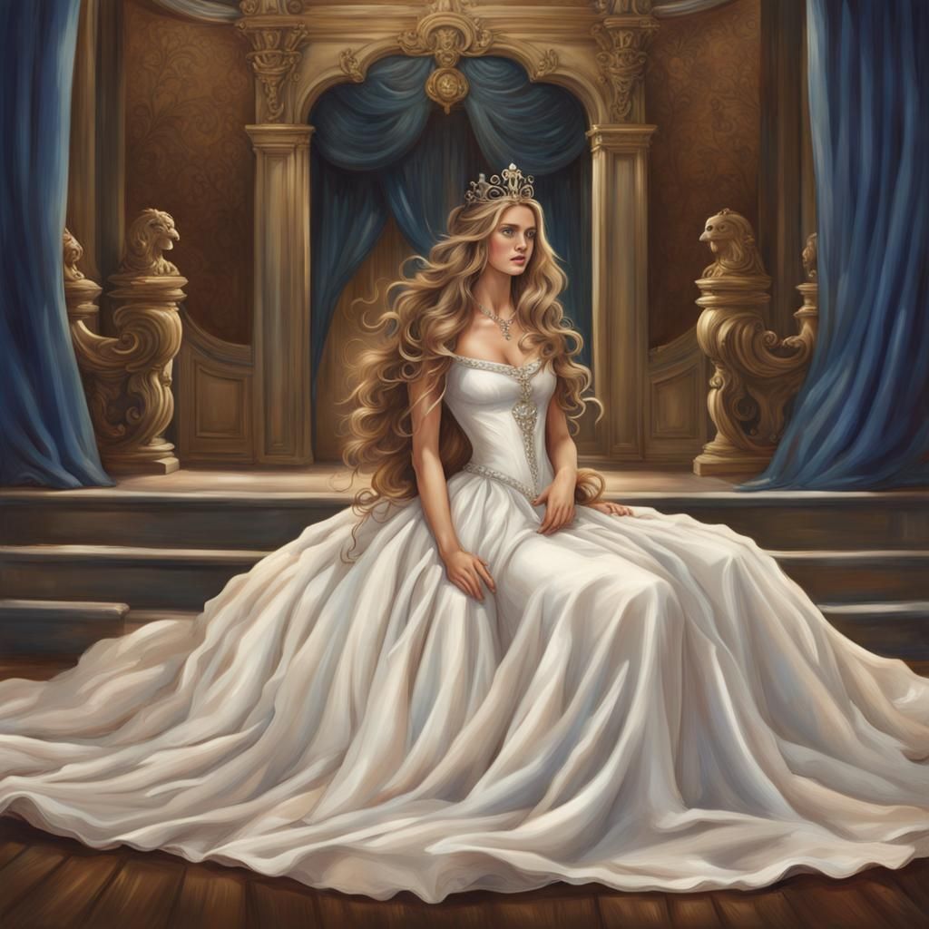 Young Woman Bowing Before King, Fantasy Art