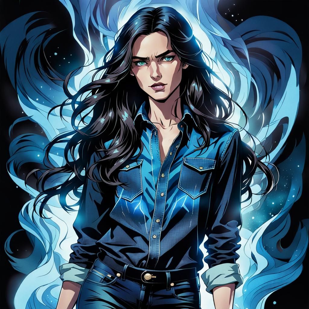 Androgynous Figure with Blue Aura in Comic Book Style
