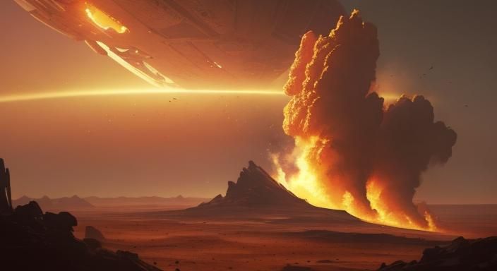 Covenant Starship Over Burning Planet: Cinematic Still