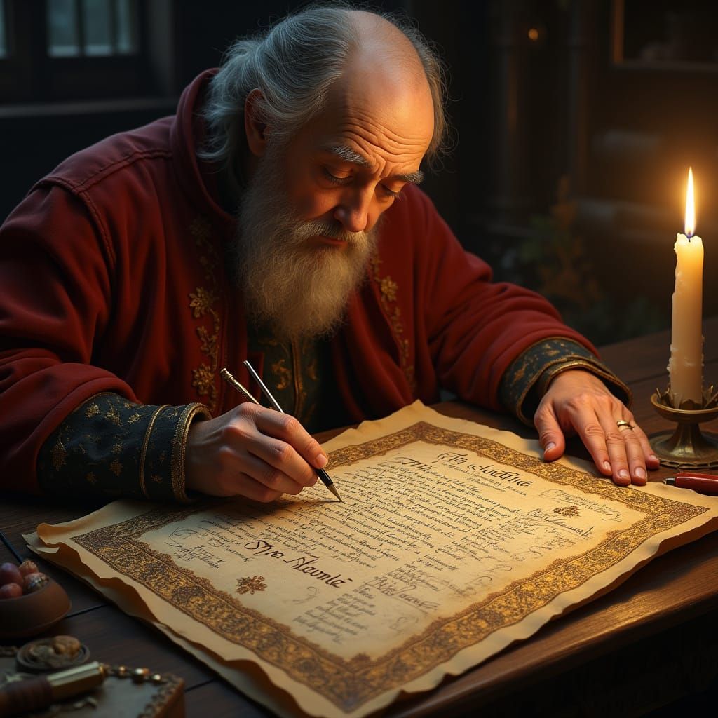 Medieval Scribe Illuminating Page with Gold Ink