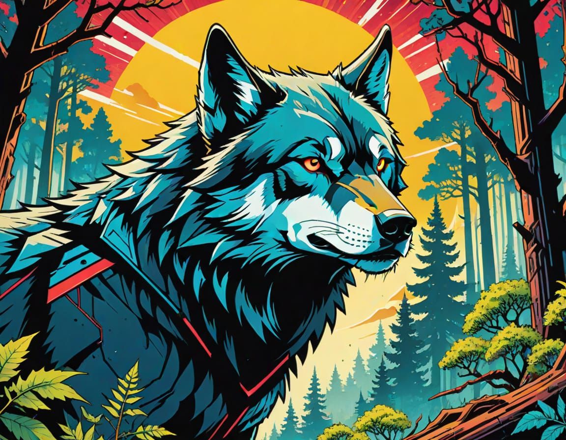 Watercolor Wolf in Thorn Forest: Retro Comic Style