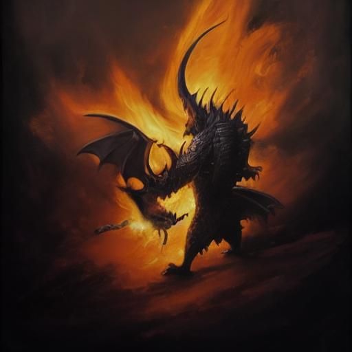 Dramatic Dragon in Cave Oil Painting
