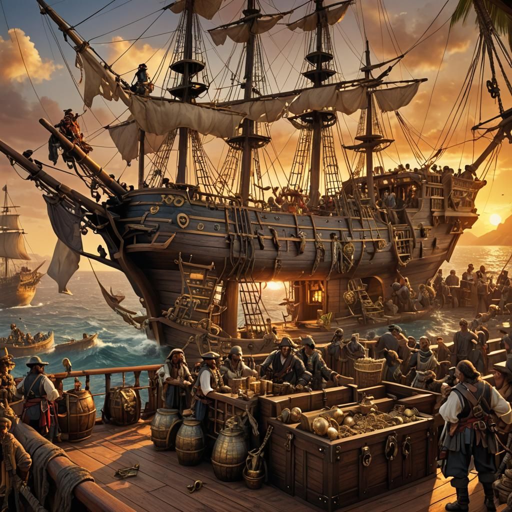 Pirate Ship Deck Scene in Detailed Matte Painting Style