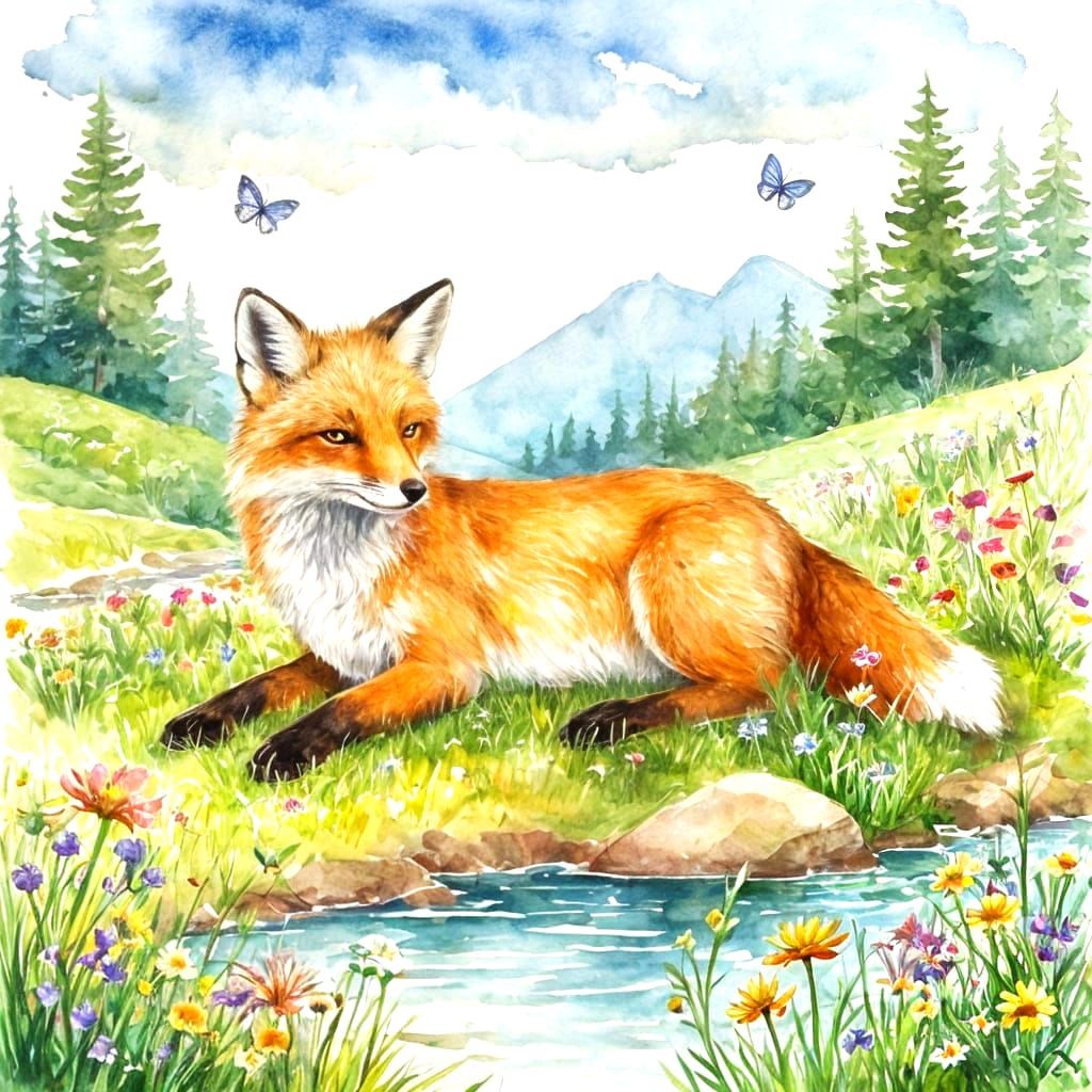 Whimsical Fox Naps in Sun-Drenched Wildflower Meadow