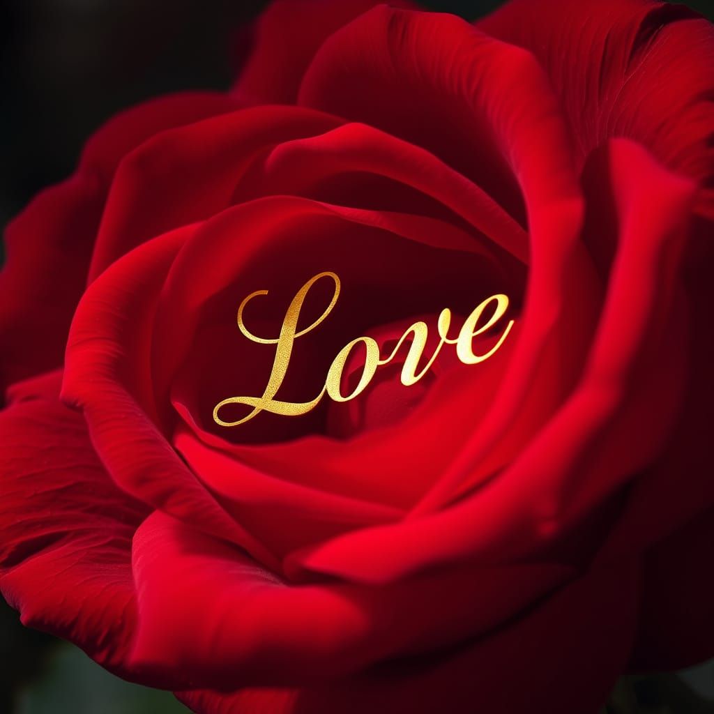 Majestic Red Rose with "Love" Script in Gold