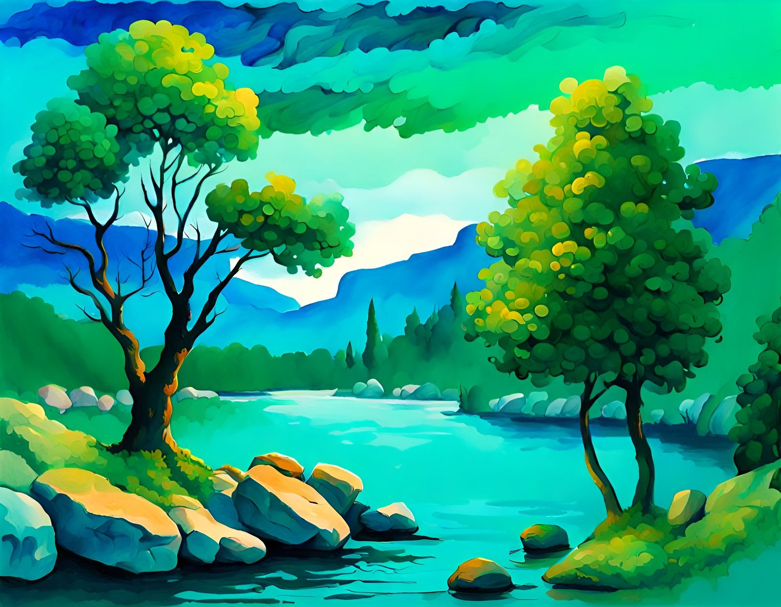 Gradient Landscape in Gouache Style Baroque Art