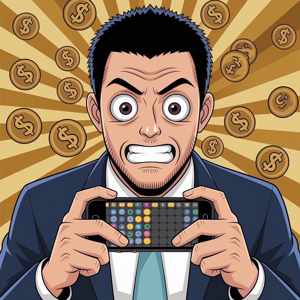 A man holding a phone with a game on the screen, with his ey...