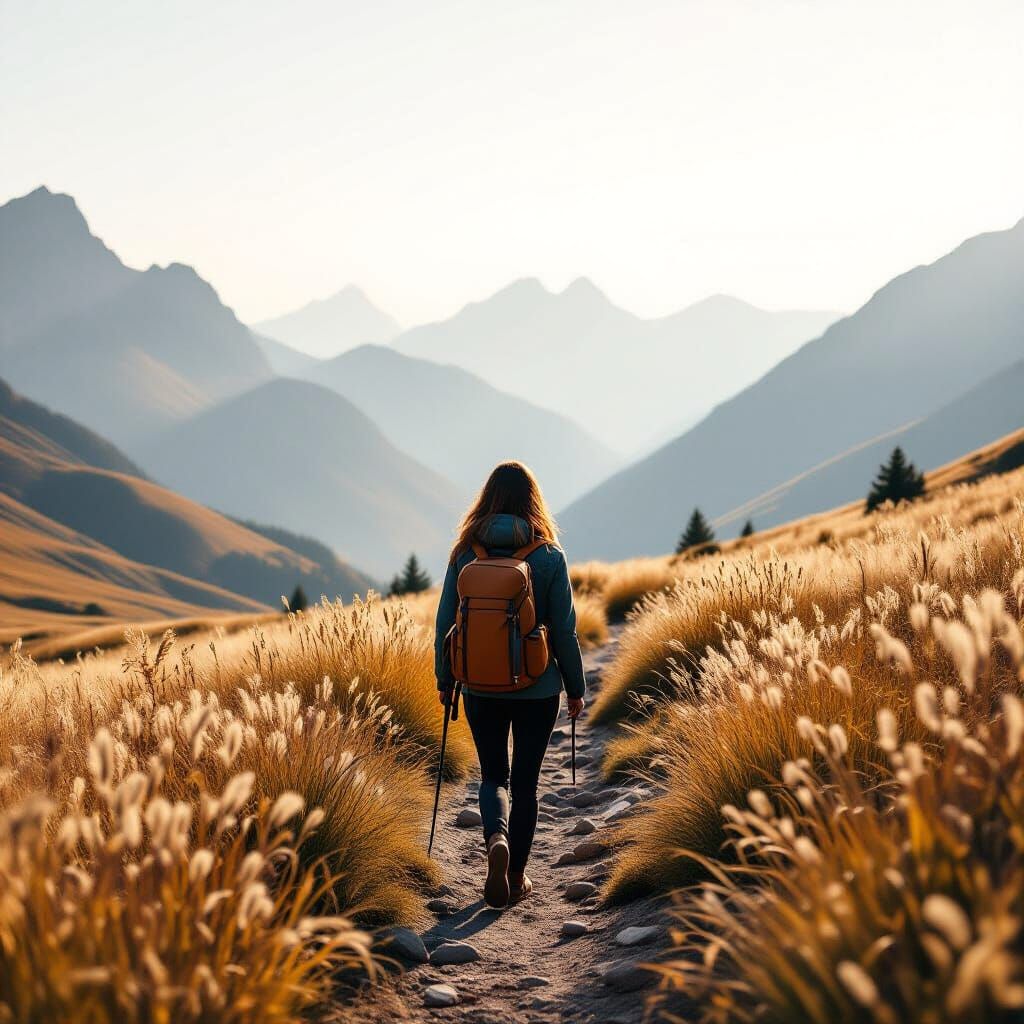 Woman Hiking in Muted Mountainscape, Vintage Film Photo