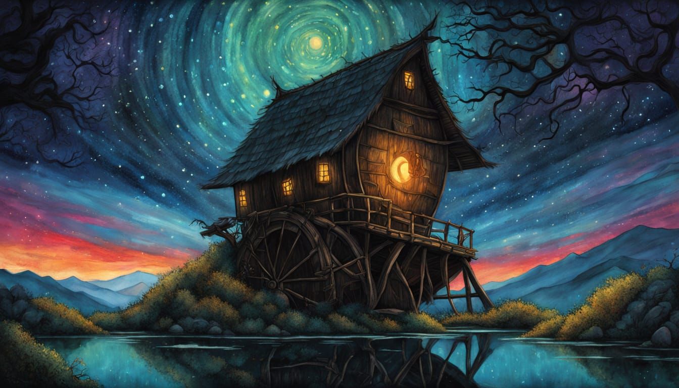 Whimsical Nighttime Scene with Bioluminescent River and Hist...