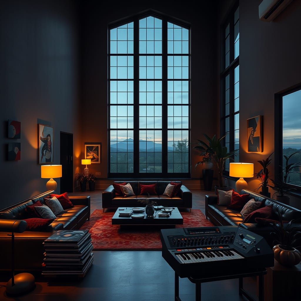 Moody Cyberpunk Living Room in a Grand Manor