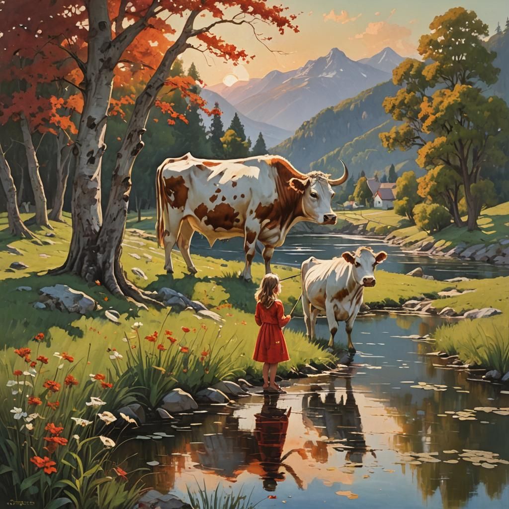 Girl Fishing with Grandfather: Oil Painting