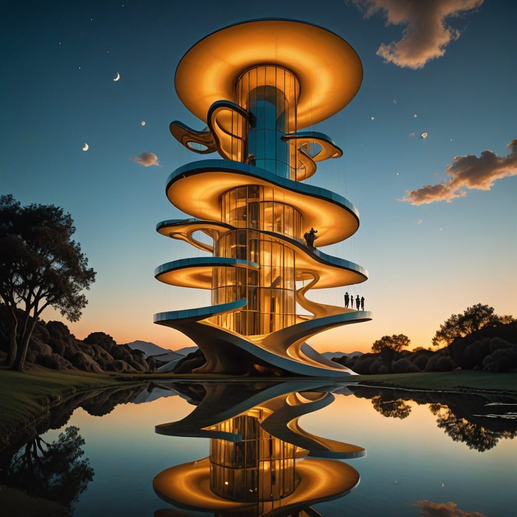 Surreal Sculpture of Twisting, Floating Forms in Dreamlike C...