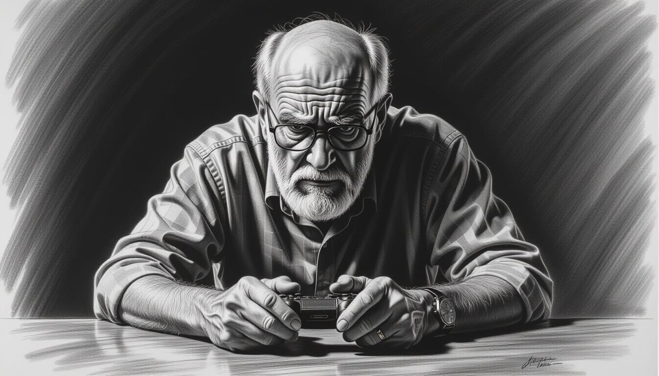 Old Gamer Reflects on Youth in Charcoal Drawing