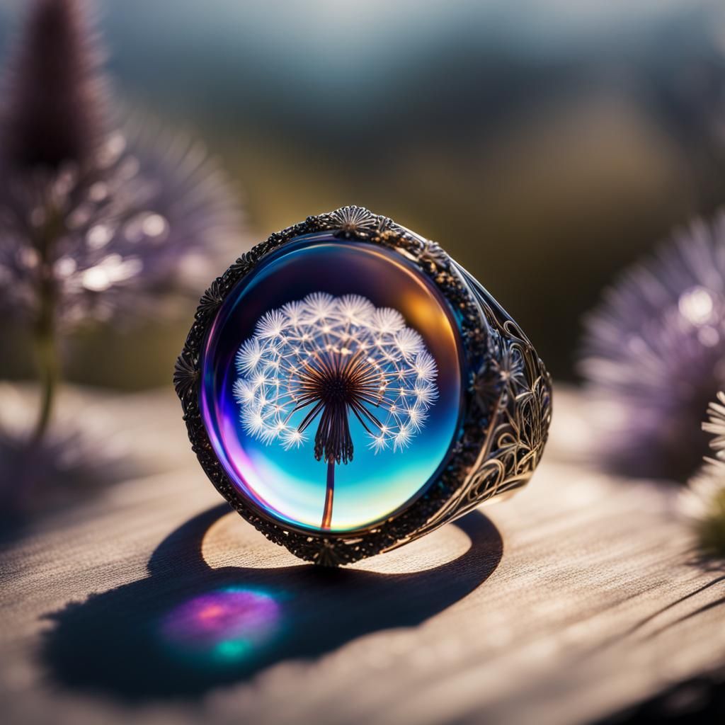 Iridescent Resin Ring with Dandelions and Universe