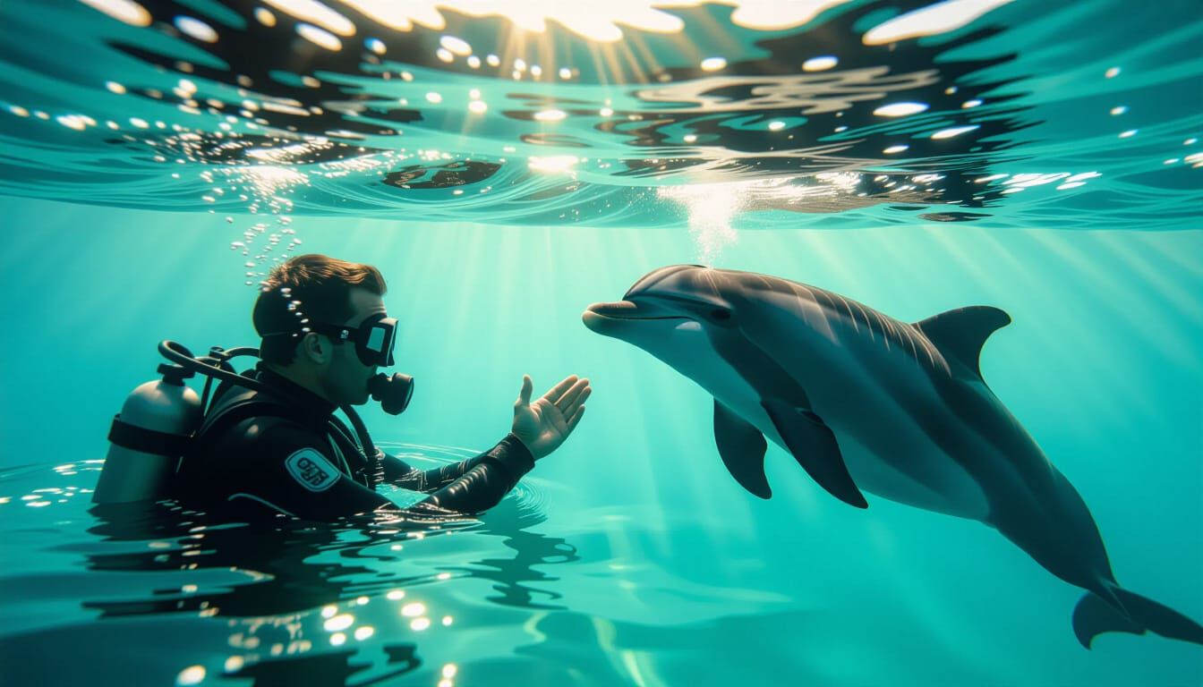 Diver and Dolphin in Underwater Cinematic Film Still