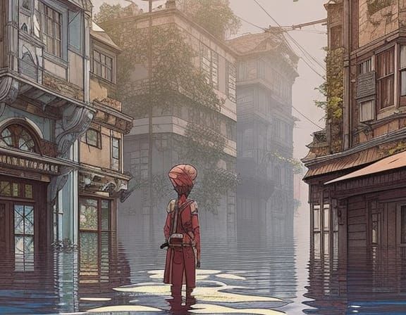 Flooded Aetherpunk Streetscape in Warm Colors