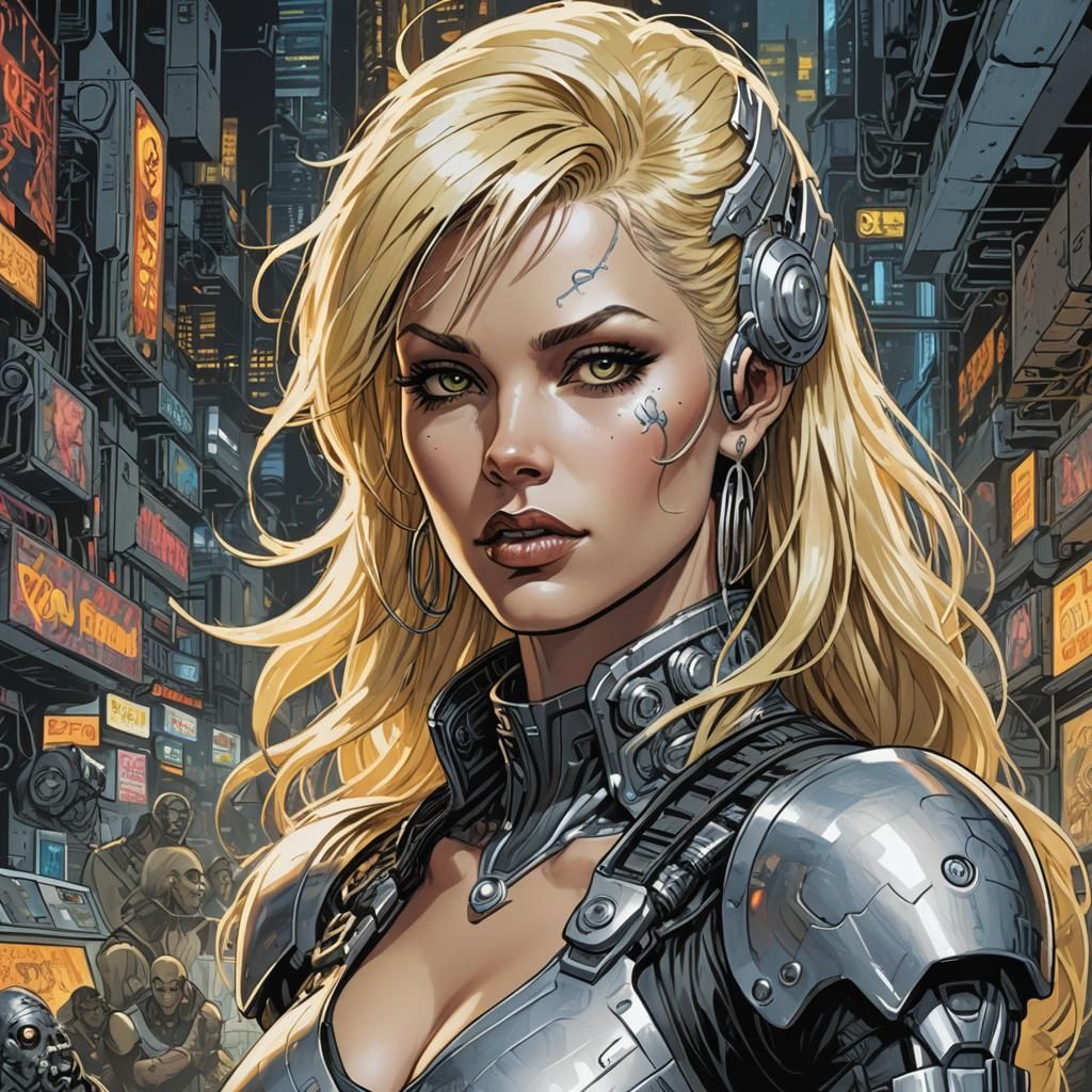 Cybernetic Idol Singer in Sci-Fi Cityscape