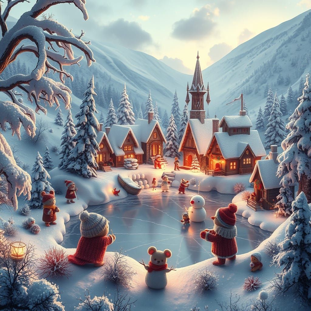 Whimsical Winter Village in a Snow-Globe Valley