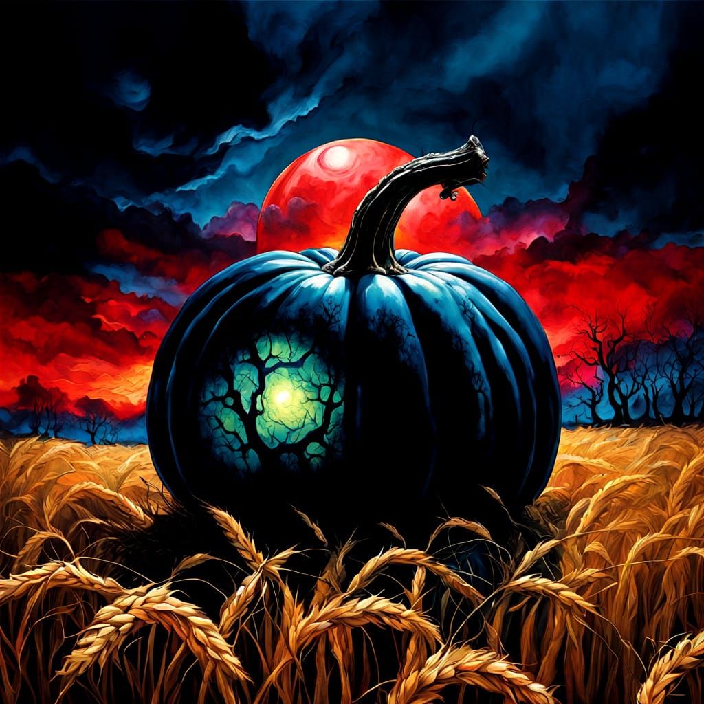 Giant Cracked Pumpkin Under Blood Moon, Eerie Autumn Landsca...
