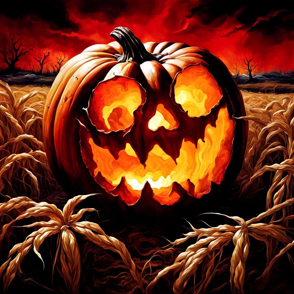 Surreal Autumn Harvest with Giant Cracked Pumpkin