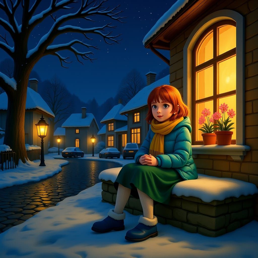 Girl in Winter Coat Contemplates Cozy House at Night