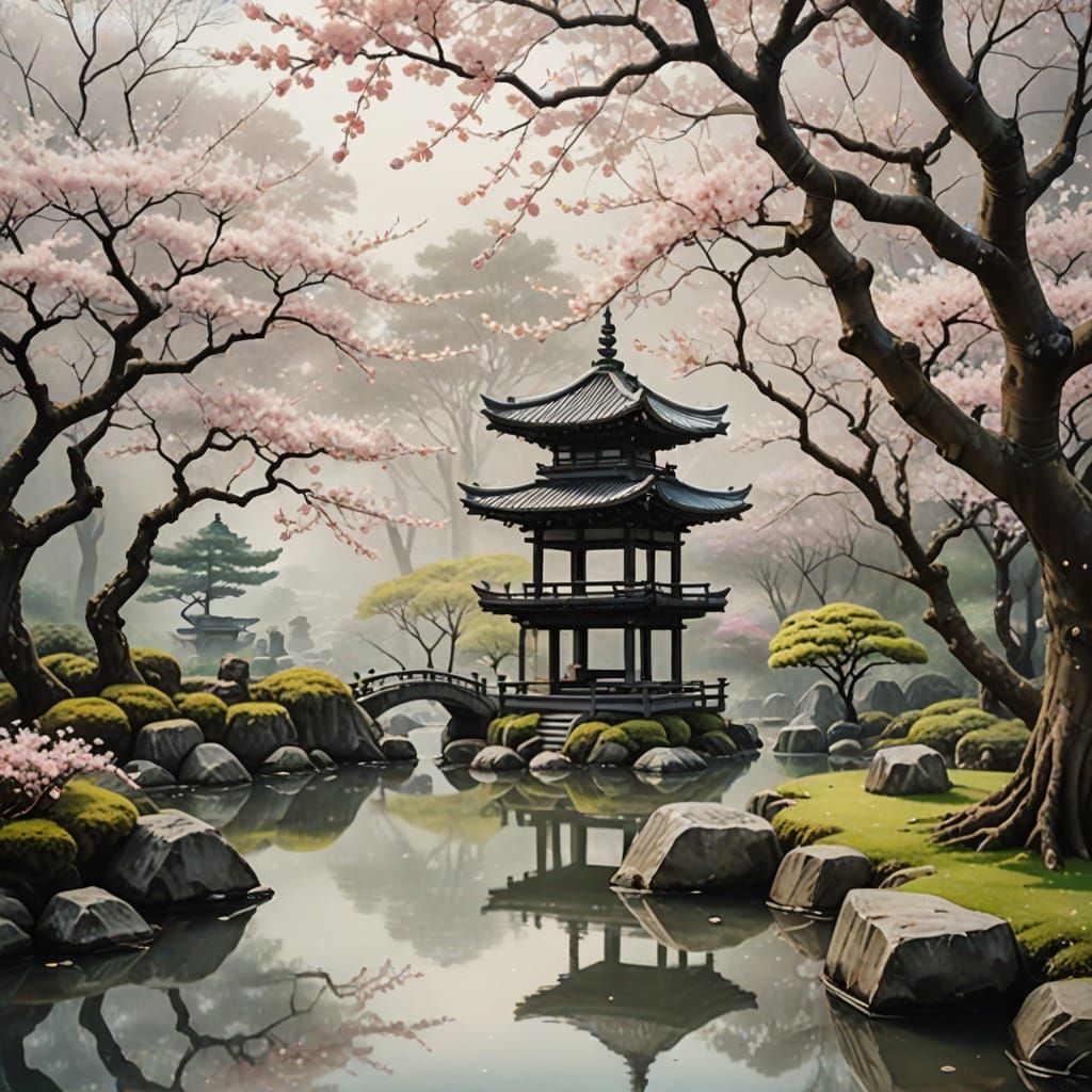 Ethereal Japanese Garden Serenity in Digital Painting Style