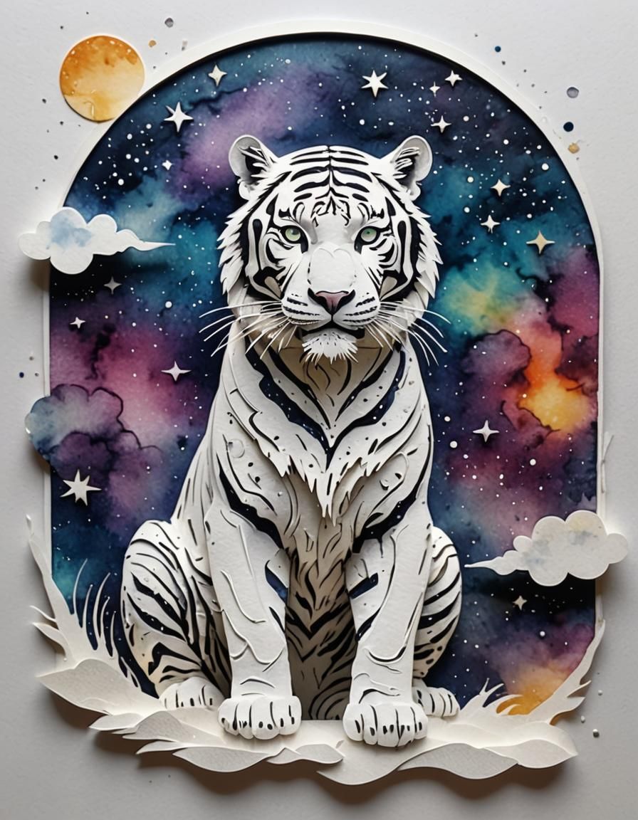 Kirigami White Tiger with Galactic Watercolor Background