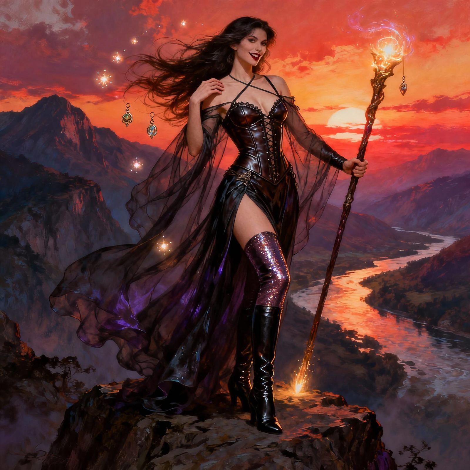 Sorceress on Cliff at Sunset