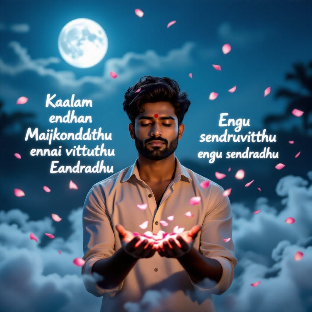 South Asian Man in Dreamlike Moonlight Landscape