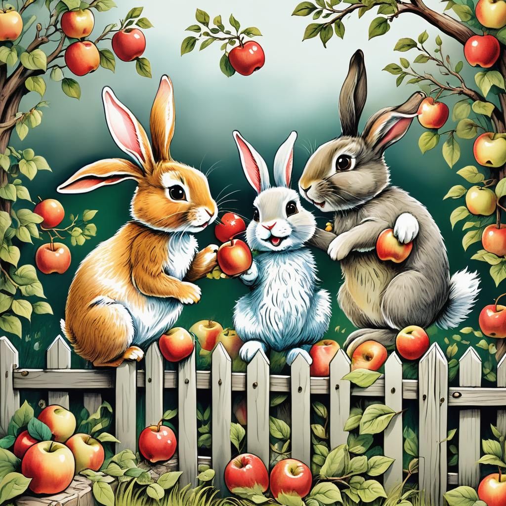 Rabbits Stealing Apples: Filigree Pen and Ink Illustration