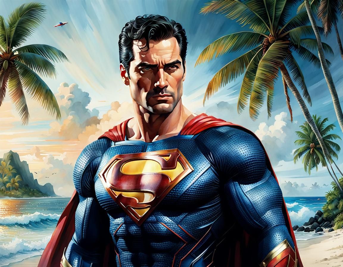 Superman Retired on Tropical Island, Watercolor Style