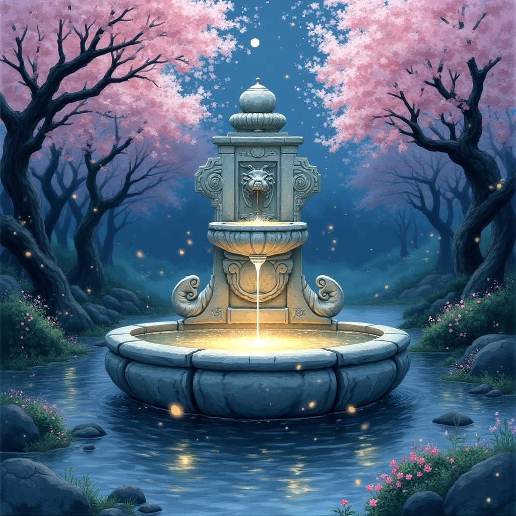 Moonlit Grove: Ethereal Fountain in Watercolor Style