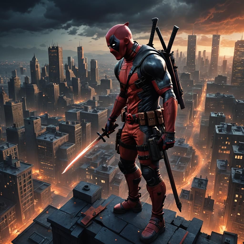 Deadpool on Gothic Rooftop: Fantasy Concept Art