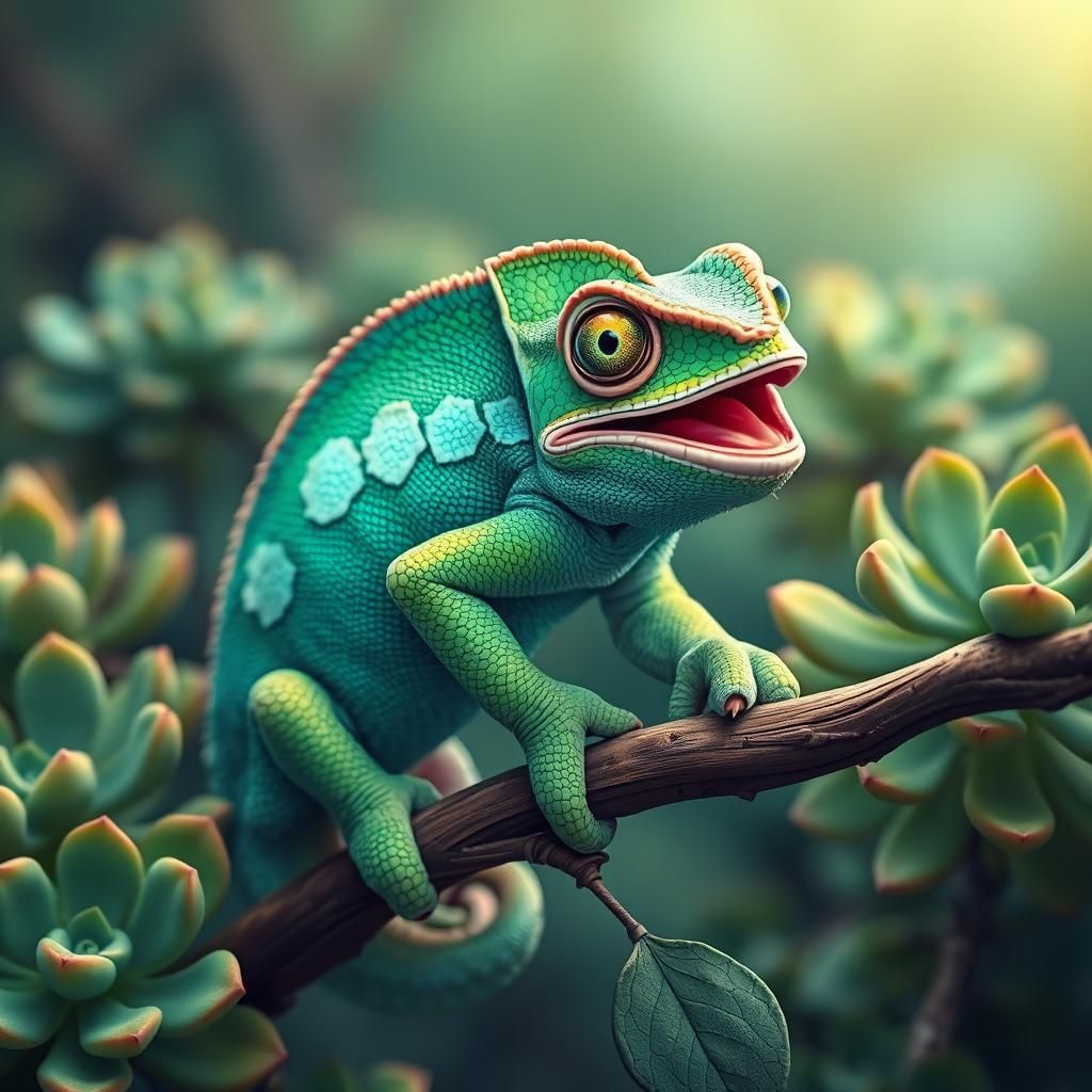 Joyful Emerald-Eyed Chameleon on Succulent Vine