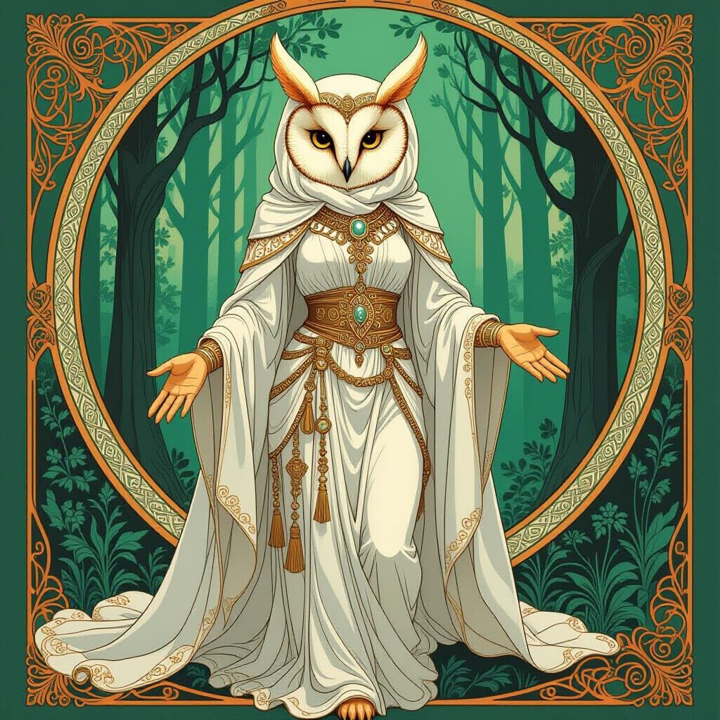 Majestic Owl Goddess in Mystical Forest, Art Nouveau Style