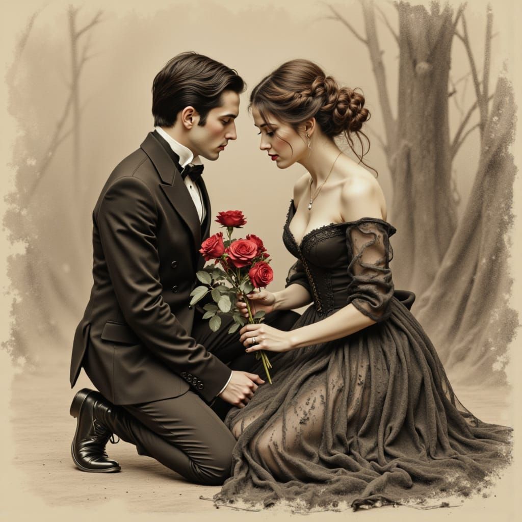 Victorian Romance in Detailed Charcoal Sketch Style