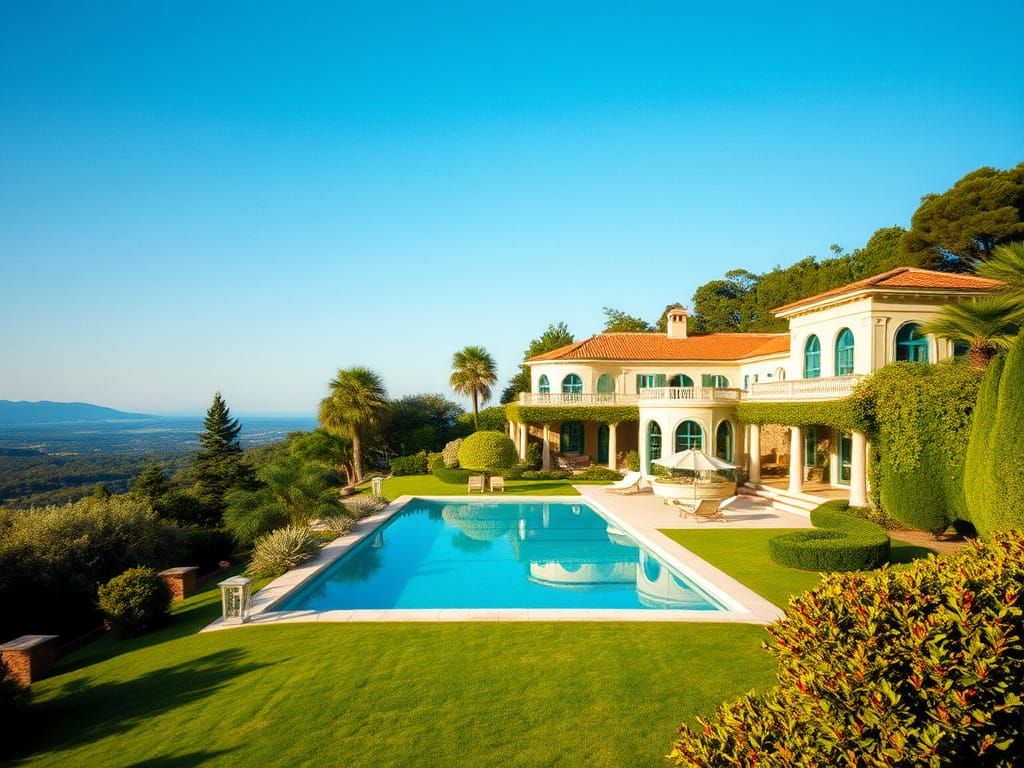 Luxury Villa with Pool and Gardens in Cinematic Style