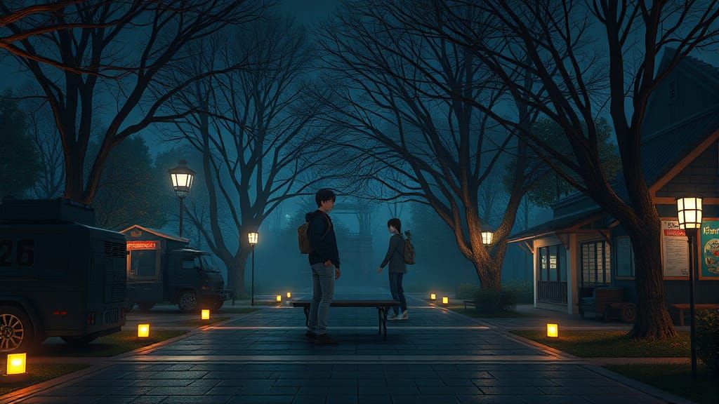 Cozy Military Park at Night in Detailed 3D Anime Art