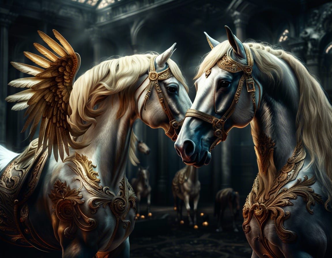 Majestic Winged Horses in a Dark Fantasy Art