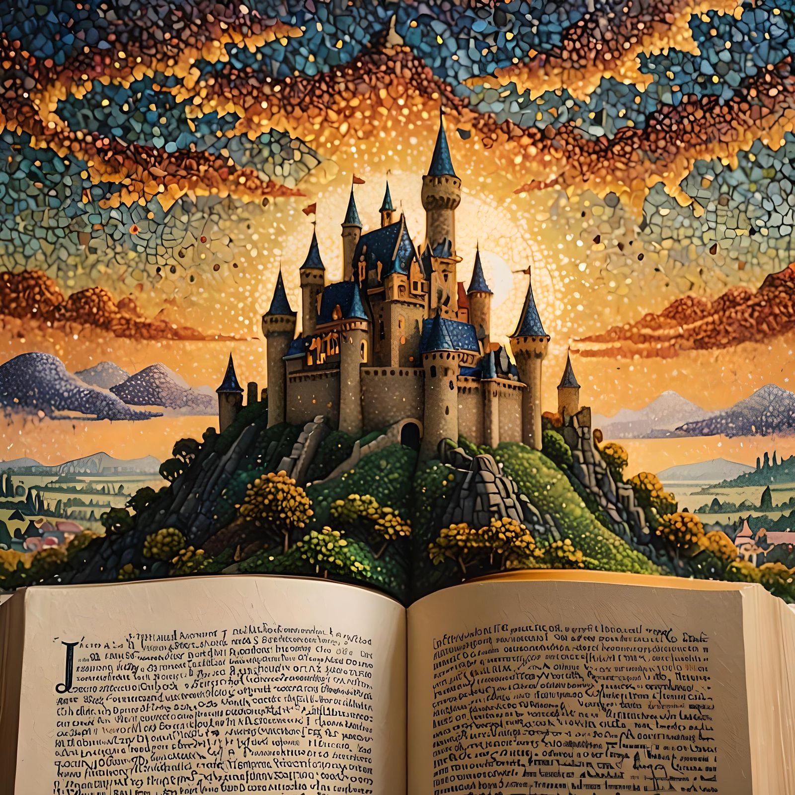 Majestic Castle Rising from Book in Pointillism Style