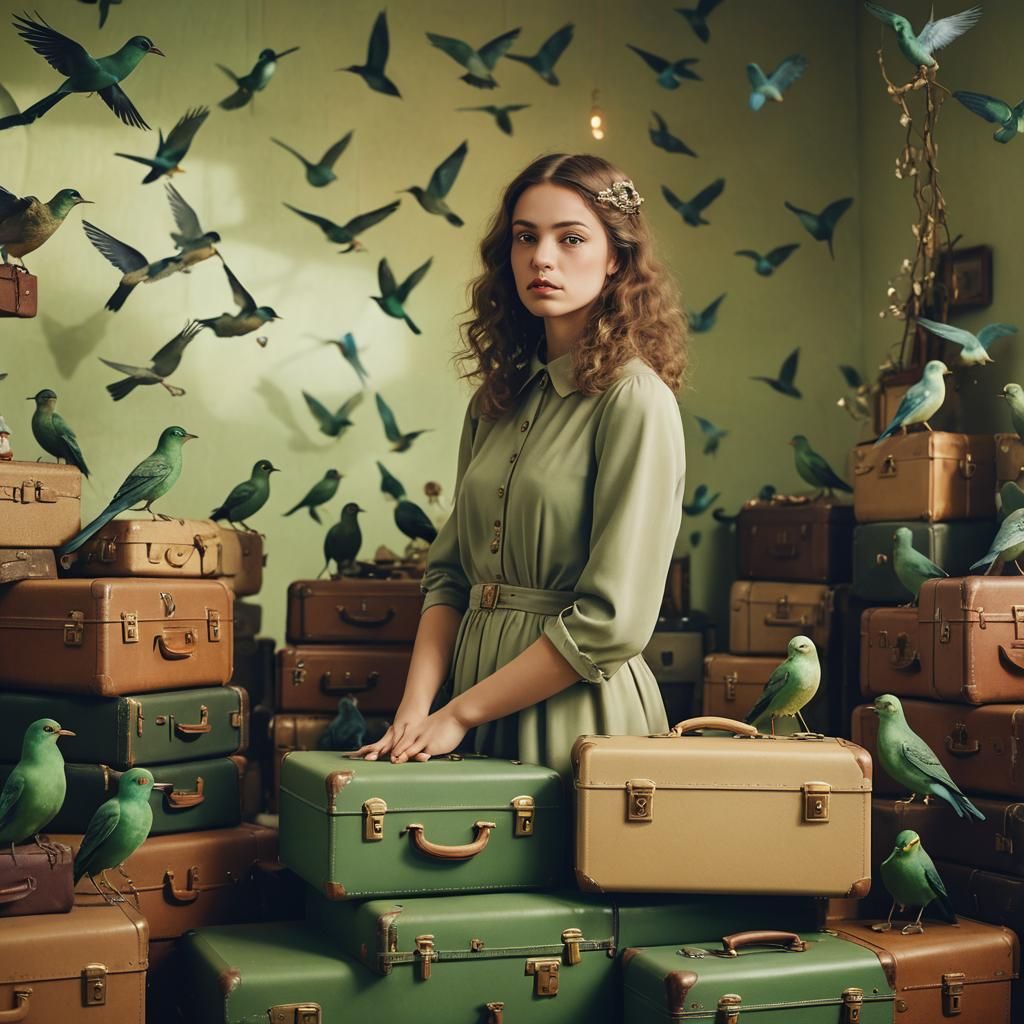 Surreal Woman Surrounded by Floating Green Birds