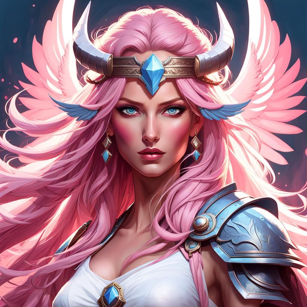 Pink-Haired Barbarian Woman Portrait in Detailed Fantasy Sty...
