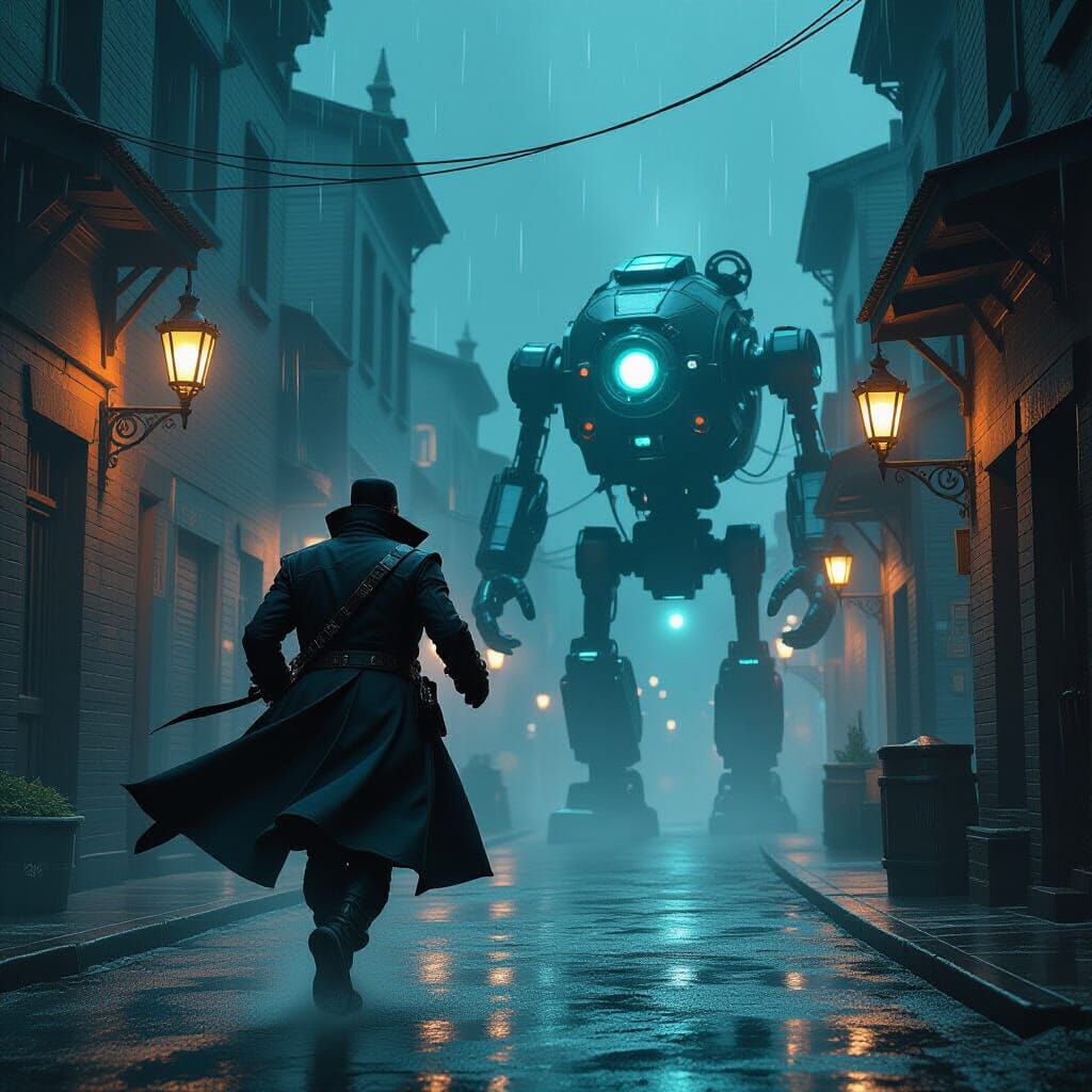 Corvo Confronts Clockwork Soldier in Karnaca Alley