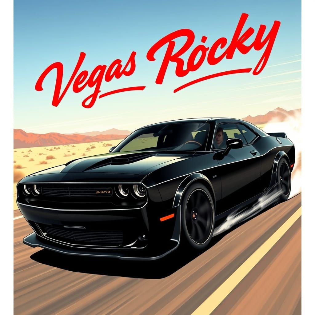 Black Challenger Hellcat Speeding Down Desert Highway