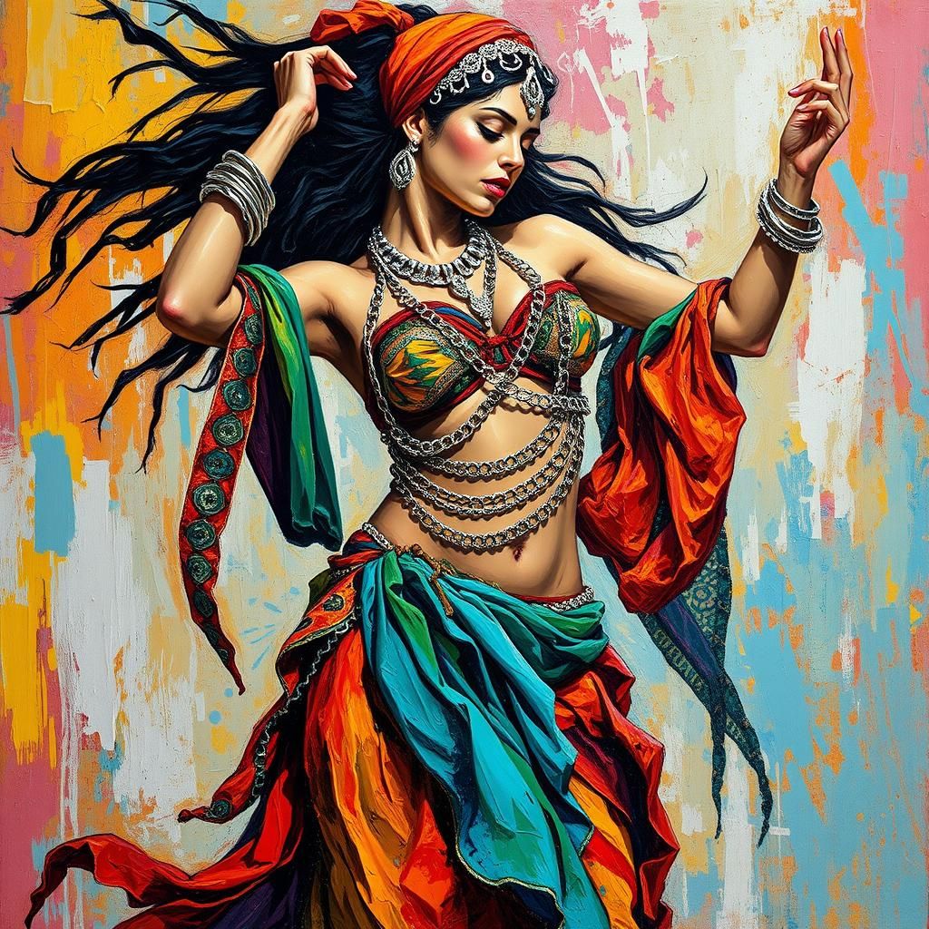 Dynamic Belly Dancer in Neo-Impressionist Style