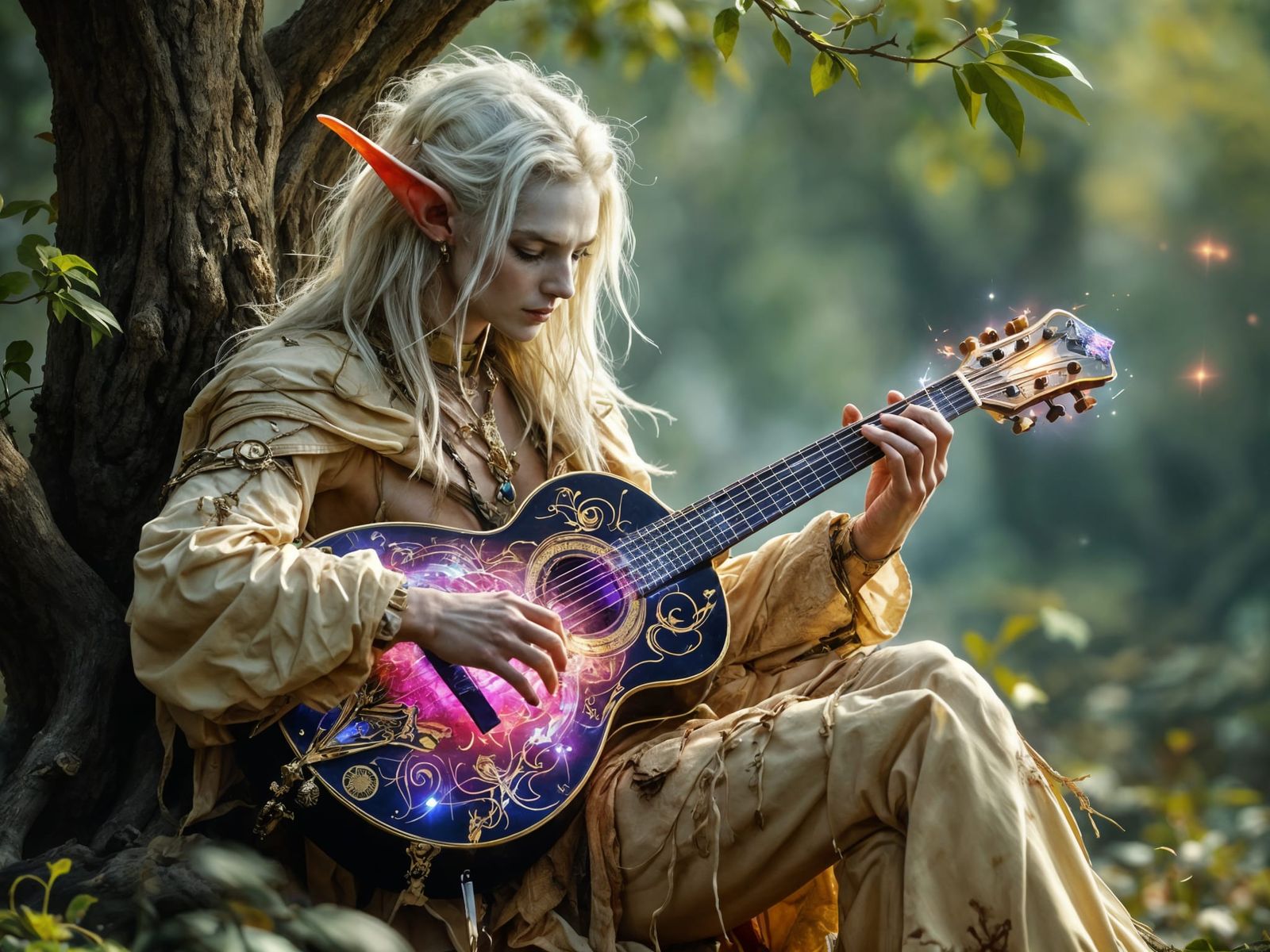 Cosmic Elf Rogue Entertains with Magical Instruments