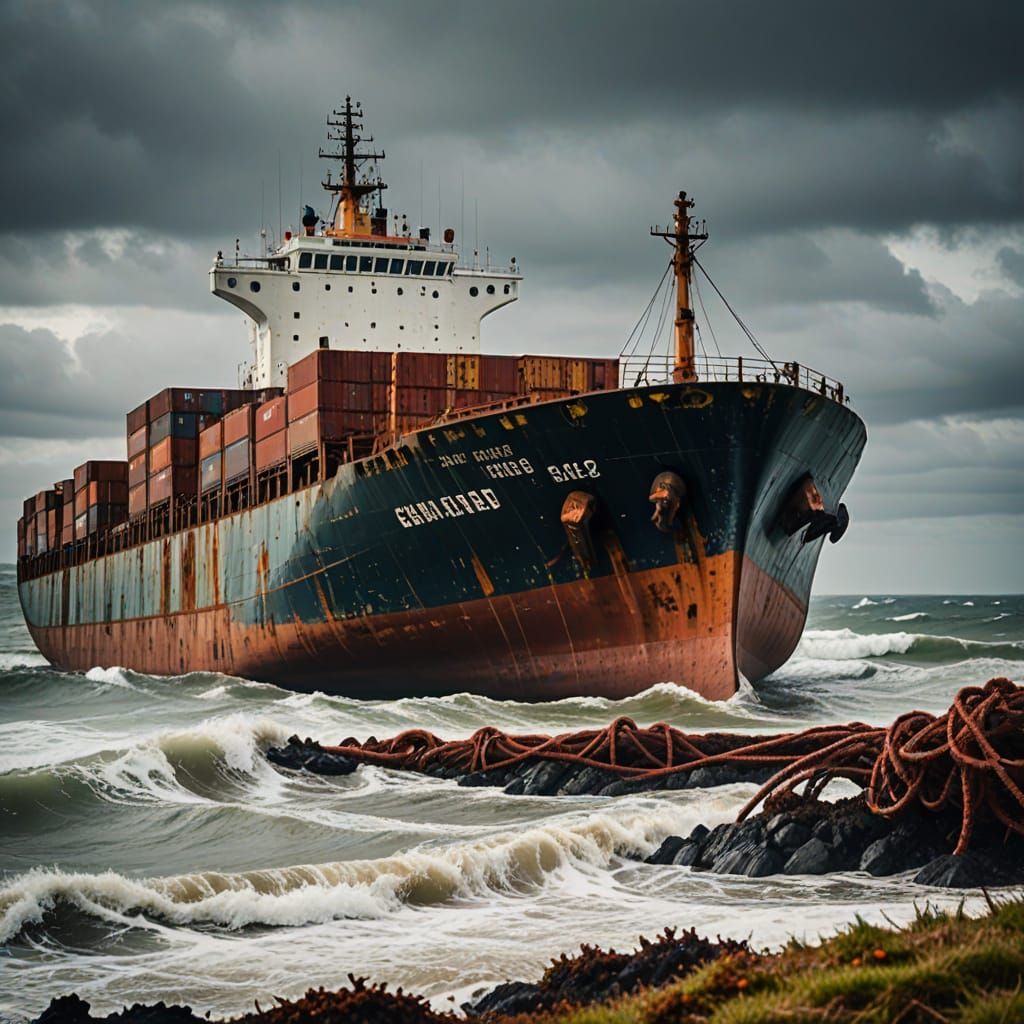 Wrecked Cargo Ship on Rough Coast: Maritime Photography