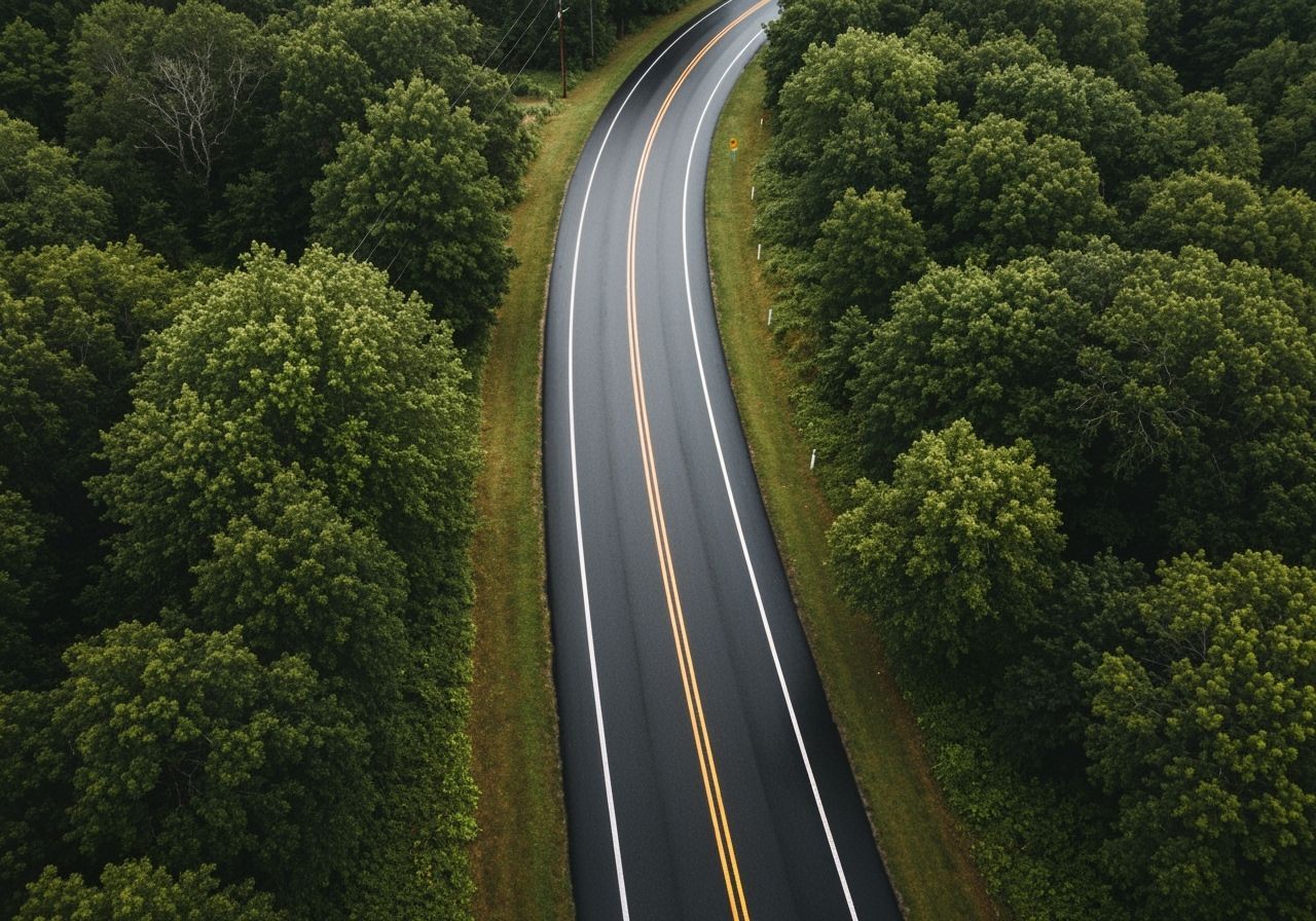 Winding Asphalt Road in Rainy Green Landscape Photography
