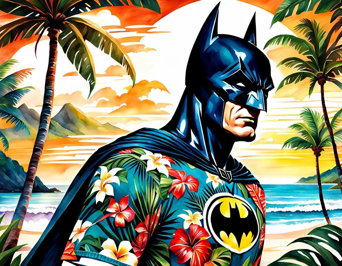 Batman's Tropical Retirement: A Watercolor Painting